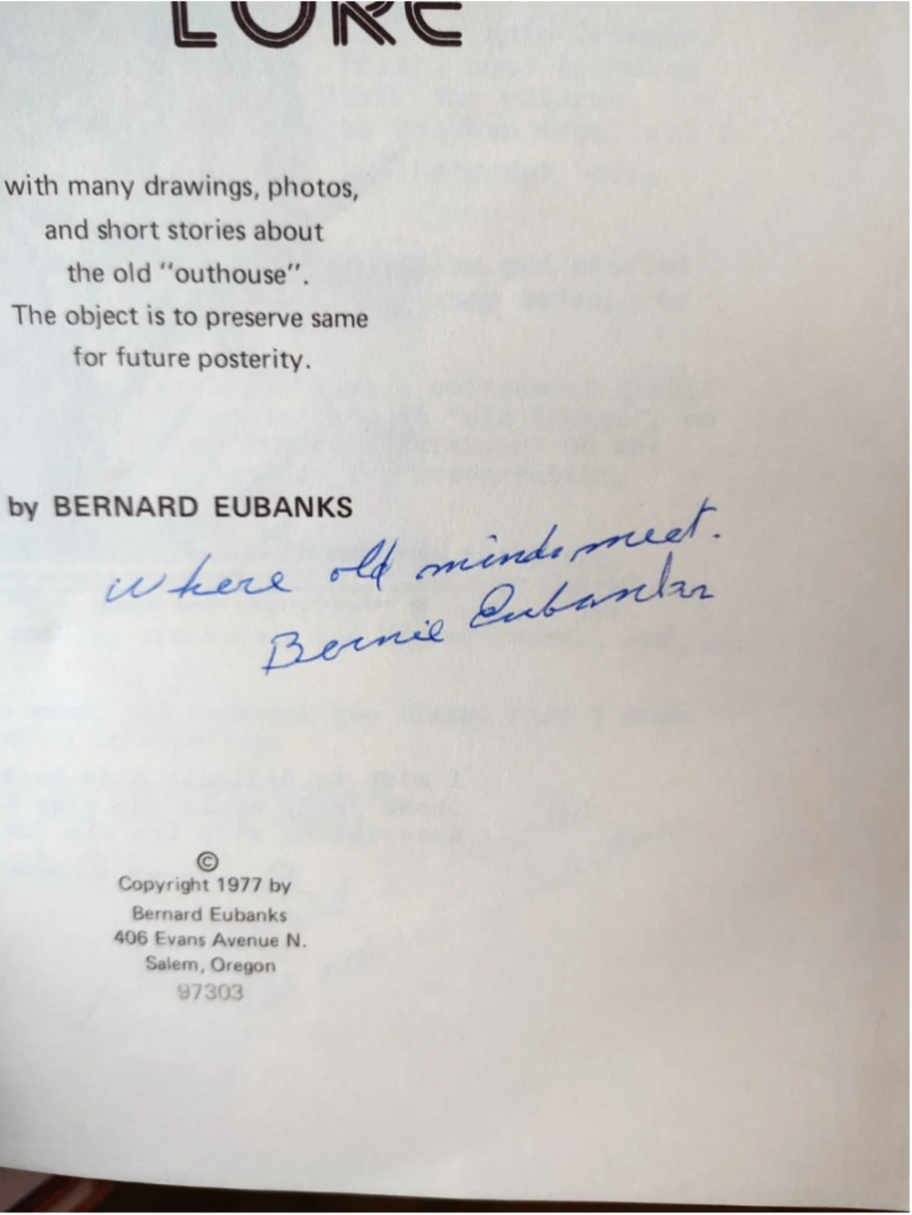 Outhouse Lore SIGNED 1ST ED Book Vintage 1977 Signed Bernard Eubanks Numbered